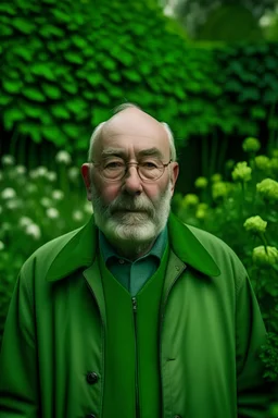 Un retrato de un anciano con un sobretodo verde y lentes de marco grueso en un jardín de rosas