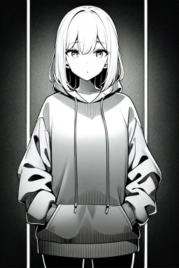 thoughtful girl in a loose sweatshirt, line arts, greyscale,