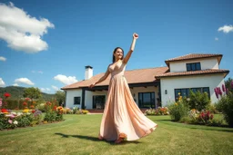 full body close up shot ,country side modern villa wide yard in front of villa ,a beautiful lady in nice long dress dancing,flowers blue sky ,petty clouds