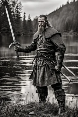 [Medieval] A solid man viking warrior with a weapon around a pond