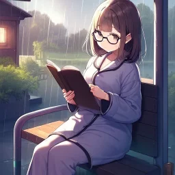 anime girl sitting on a porch swing of an old house, journaling, wearing pajamas, writing in a book, shes watching it rain, more detail on hands and her face,shes deep in her thoughts, wearing glasses, rain drops, she has a pencil in her hand and is writning in the book, she is looking down at what she is writing