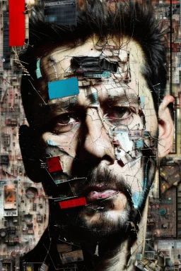 Zoomed in, Ultra detailed medium portrait painting of a tired man, unshaved, worried look, suicidal, broken, torn up collage of clippings, broken circuitry background, matrix effects, punk visual art, punk art aesthetic, graffiti art, pop surrealism, collage art, cluttered paint glitches