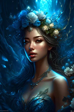 Beautiful goddess, Magical forest, Flowers, Intricate, Goddess locations, 3D art, Extremely detailed, Vector abstract portraits, vivid, Cinematic, luxurious, hyper-minimalist, Digital painting, Detailed maximalism, Futuristic, 8K, Polished, Inexpressible, Charlie Bowater style, Coloring book, blue hour, Sequins, Fractal precious stones, fractal crystals, pearls