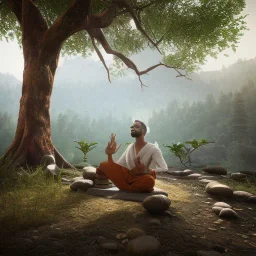 A powerful hindu yogi doing meditation under tree in Himalayas, day light, hd, hyper realistic