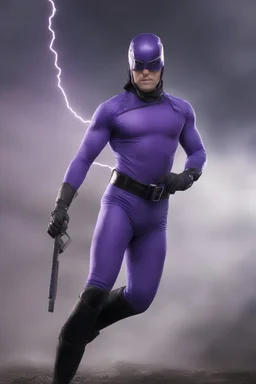 Kent Walker aka THE PHANTOM, Strong, athletic physique, action poses, wearing a skin-tight, formfitting purple bodysuit with a skin-tight, formfitting purple cowl, black eye disguise, black utility belt and double holstered pistol belt, black knee-high boots, glowing white eyes, battle scars, blood, foggy, cloudy background, multicolored lightning, flowing lava, Full Eclipse, aliens, explosions, bright, vibrant, extremely colorful, detailed, blood red skies