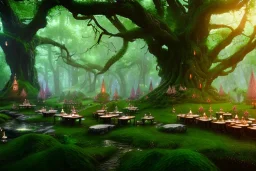 Immersive​ fantasy elven cafe in the deep forest with ancient tree blossom river 4k full hd