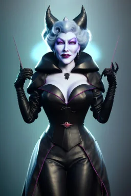 Mae West as evil queen in black leather, leather, busty, cleavage, angry, stern look. character design by cory loftis, fenghua zhong, ryohei hase, ismail inceoglu and ruan jia. unreal engine 5, artistic lighting, highly detailed, photorealistic, fantasy