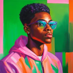 portrait beautiful incredibly handsome black young man, blurred green orange purple pink background, clean realistic, studio portrait, big glasses with colorful pink reflection, big eyes and lips, oil painting, expressionistic art