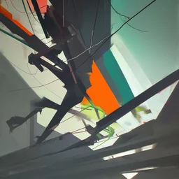 Minimal abstract oil painting of a falling person limbs sinew twisted .triadic colour. Amongst concrete fragments brutalist architecture and hanging wires illuminated at night. In the style of Justin Mortimer and Phil Hale and Ashley Wood