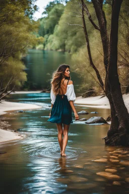 beautiful girl walking in trees next to wavy river with clear water and nice sands in floor