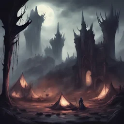 setting up camp in a Daedric ruin dedicated to Vaermina, Prince of Dreams and Nightmares so the night will be full of strange dreams and stranger nightmares, in magna art style
