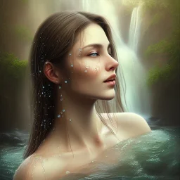 3d realistic smilling woman under waterfall, wet , realistic, 32k, detailed, art nouveau