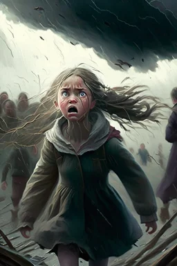 The villagers watched in awe as girl fearlessly faced the storm. Her actions inspired everyone to join in, turning fear into unity.