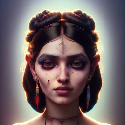 Detailed portrait of a young gypsy woman, contrasting colors, arrow makeup on her eyes, unreal engine, greg rutkowski, loish, rhads, beeple, makoto shinkai and lois van baarle, ilya kuvshinov, rossdraws, tom bagshaw, alphonse mucha, global illumination, detailed and intricate environment