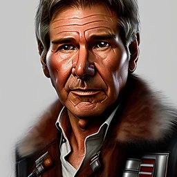 stunning photo realistic detailed head to waist portrait of harrison ford as han solo in star wars with photo realistic short hair by Sergi Cadenas, Sharp focus, brown eyes, weathered skin,space jacket from star wars,