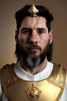 Ultra Realistic image, sculpture, white marble material with gold veins, Lionel Messi, gold laurel leaves crown, gold ornaments, Renaissance style, sun rays background, waist up portrait, epic, celestial, cinematic lighting, God lights, 4k resolution, smooth details, soft lighting, unreal engine 5, art station, substance 3d.