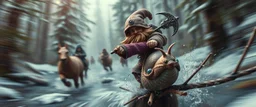 oil painting ,close up motion blur portrait of dwarf thief - Forgotten Realms dodging cyberpunk armored dwarf with war half moon spear hammer with spikes, riding tiny furry brown and purple flying snail above water and along winding branches in lush icy forest along speeding horses , bokeh like f/0.8, tilt-shift lens 8k, high detail, smooth render, down-light, unreal engine, prize winning