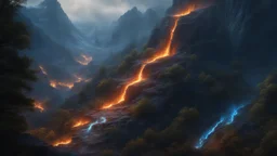 A mountain side burning with powerfull, blue magic. dark fantasy concept art, exquisite realism, a masterpiece, dynamic lighting, hyperdetailed, intricately detailed, deep color, Unreal Engine, volumetric lighting , Epic cinematic brilliant stunning intricate meticulously detailed dramatic atmospheric maximal,