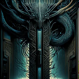 Dystopian draconian voting booth infinity stretch horror in a dramatic abstract surrealistic illustration, sinister, profound, dramatic, fantastical, maximalism, intricate detail,