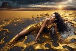 A hyper-realistic photo, beautiful face woman lying on ground disintegrating into gold dripping ink and slime::1 ink dropping in water, molten lava, long legs, 4 hyperrealism, intricate and ultra-realistic details, cinematic dramatic light, cinematic film,Otherworldly dramatic stormy sky and empty desert in the background 64K, hyperrealistic, vivid colors, , 4K ultra detail, , real , Realistic Elements, Captured In Infinite Ultra-High-Definition Image Quality And Rendering, Hyperrealism