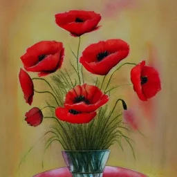 Red poppies in a crystal vase, void, aquarelle painting