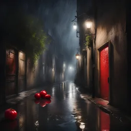 yalda night A dark alley iranian yalda night, hidden shadows, a street light, puddle of rain,