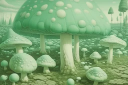 A seafoam green plain with giant mushrooms designed in Ica stones painted by Edward Hicks