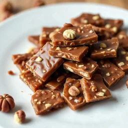 A full-view image of Knäck, Swedish toffee 🍬 with a crunchy texture, broken into pieces on a plate, garnished with a few nuts.