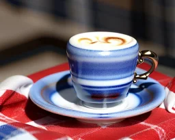 Cappuccino art microfoam in blue mug saucer Crawford plaid napkin Demitasse