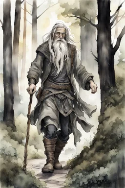 ink wash and watercolor illustration of an ancient grizzled, gnarled elf vagabond wanderer, long, grey hair streaked with black, highly detailed facial features, sharp cheekbones. His eyes are black. He wears weathered roughspun Celtic clothes, emaciated and tall, with pale skin, full body , thigh high leather boots within a forest of massive ancient oak trees in the comic book style of Bill Sienkiewicz and Jean Giraud Moebius , realistic dramatic natural lighting