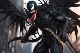 Venom in 8k solo leveling shadow artstyle, ra them, neon effect, big white wings, feathers, full body, apocalypse, intricate details, highly detailed, high details, detailed portrait, masterpiece,ultra detailed, ultra quality
