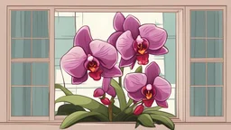 Cartoon orchid by the window painting