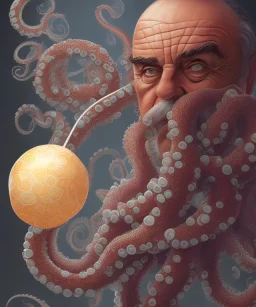Sean Connery holding a giant lollipop in his left hand and an octopus in his right hand