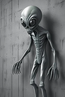 a gray alien standing by a wall pissing on wall back view he turned face to you scared