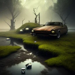 hyperrealistic shot, rusting and moss covered giant game console, earth color palette, sharp focus, puddle reflection, water splash, refraction, bats flying on the horizon, rain and lightning on the horizon, shadowcast, detailed and intricate, cinematic composition, tilt shift photography