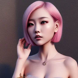  Asian woman pink short hair leaning pose latex suit realistic body full body portrait high lighting intricate detail ,