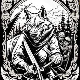 Propaganda poster black and white killing stabbing vicious evil wolf with bayonet lineart