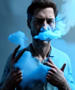 Realistic image, a guy doing a fuck you with his hand coming out of blue smoke from his eyes, nose and mouth. soft color, highly detailed, unreal engine 5, ray tracing, RTX, lumen lighting, ultra detail, volumetric lighting, 3d, finely drawn, high definition, high resolution.