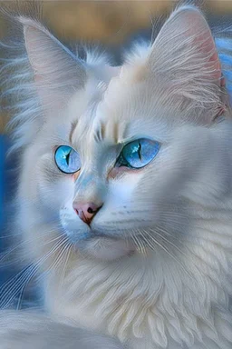 Attractive white cat with blue eyes and white feathers around it