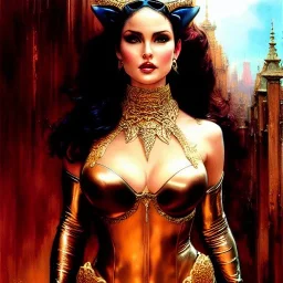 Drawing of beautiful face,'beautiful ,Busty CAtWoman',intense stare, ancient skintight armor, balanciaga fashion clothe painting by gaston bussiere, greg rutkowski, yoji shinkawa, yoshitaka amano, tsutomu nihei, donato giancola, tim hildebrandt, Oil on canvas, cinematic composition, extreme detail,fit full head inside picture,16k