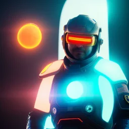 portrait, eternal samurai fusion space suit, floating in space, sun burning bright in background, neon light, 8k, 3d, blender