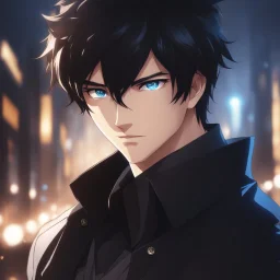 (masterpiece), (anime style), award winning, close up, centered, headshot, looking toward camera, messy black hair, young man, blue eyes, modern, dynamic lighting, ultra detailed, (epic composition, epic proportion), professional work, black clothes