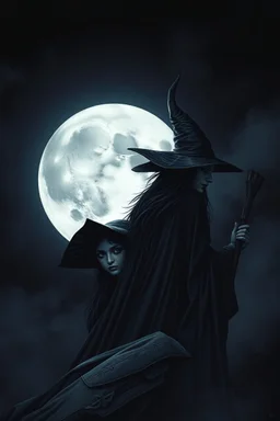 stunning two full moon, foreground twins witch sibling, dark fantasy, high detalied, matte dark colors, sharp lines, sharp focus, sinister and mystic vibe,, high textures, breathtaking illustration