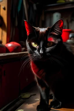 Primer plano de un gato negro asomando sus cornillos .Usando un sobretodo rojo fuego en una antigua cocina de una casona abandonada