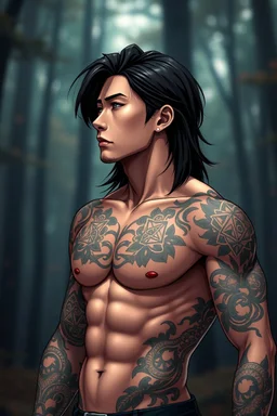 3d anime style tattooed korean man, nice profile, realistic face, attraktive handsome, medium long black hair, hot body, his body with geometric tattoos, deep dark colors, blur random forest background, highly detailed, dramatic vibe