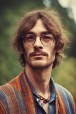 Hippie bohemian young man with Parisian bohemian look and glasses of colours and poor and short short short and poor hair on the head with receding hairline. Farsightedness glasses with big eyes. Long beard. Vintage look and feel like photo styleof the 70s