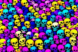 a field of 1000s of cartoonish, anatomically correct, skulls, vivid RANDOM BRIGHT neon colors, dark comedy, well lit, high detail, photorealistic, horrorcore, fun, scary, none featured, each a different color or hue,