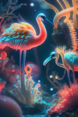 fish flamingo and fungoid portrait in fungus garden, glowing pixies, hi detail, 4k, clear focus, depth of field, color correction, studio quality, backlight