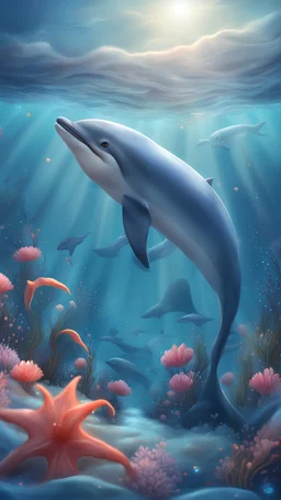 Kawaii, Cartoon, dolphin in the ocean whit a tail of dolphin , Caricature, Realism, Beautiful, Delicate Shades, Lights, Intricate, CGI, Botanical Art, Animal Art, Art Decoration, Realism, 4K , Detailed drawing, Depth of field, Digital painting, Computer graphics, Raw photo, HDR