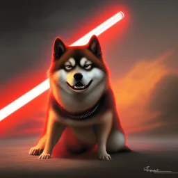 darth shiba inu sith lord with red light saber glowing